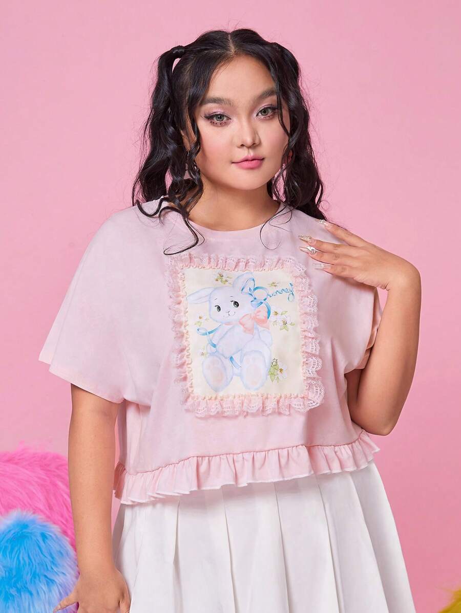 ROMWE Kawaii Hơn Đồ họa con thỏ Viền Ruffle Áo thun - Màu Hồng baby - Xem 1