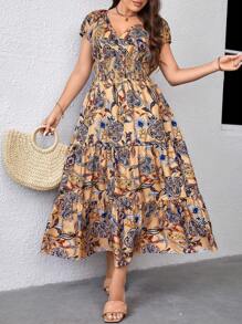 SHEIN Clasi 加大佩斯利印花荷叶边下摆长款女装连衣裙 - 彩色 - 查看 1