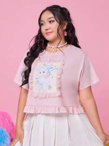 ROMWE Kawaii Hơn Đồ họa con thỏ Viền Ruffle Áo thun - Màu Hồng baby - Xem 2