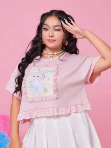 ROMWE Kawaii Hơn Đồ họa con thỏ Viền Ruffle Áo thun - Màu Hồng baby - Xem 3