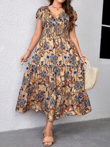 SHEIN Clasi 加大佩斯利印花荷叶边下摆长款女装连衣裙 - 彩色 - 查看 5