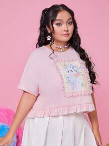 ROMWE Kawaii Hơn Đồ họa con thỏ Viền Ruffle Áo thun - Màu Hồng baby - Xem 6