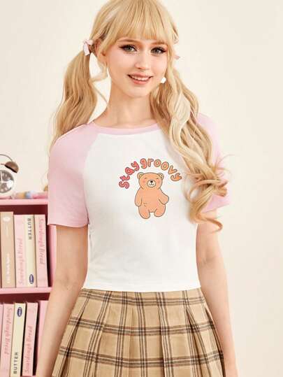 selfcarexpress Slogan Cartoon Graphic Colorblock Crop Tee