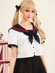 ROMWE J-Fashion 水手領前紐扣襯衫 - 白色 - 查看 1