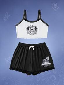 Corpse Bride | ROMWE 大碼人像圖案蕾絲拼接前蝴蝶結睡衣套裝