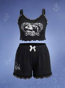 Corpse Bride | ROMWE 加大尺寸卡通人物圖形對比蕾絲荷葉邊睡衣套裝 - 黑色 - 查看 1