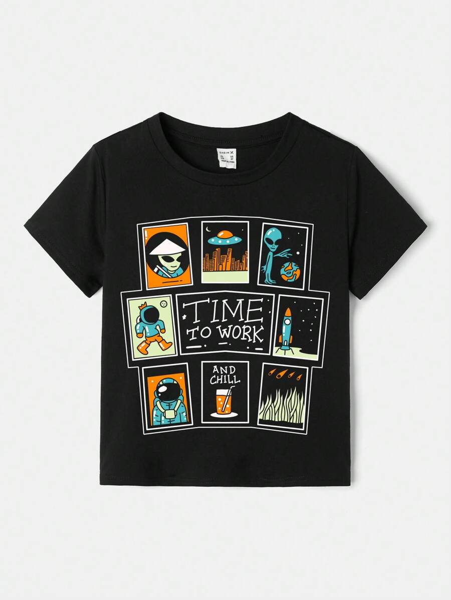 Space University 女大童卡通圖案T恤 - 黑色 - 查看 1