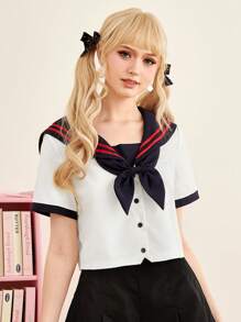 ROMWE J-Fashion 水手領前紐扣襯衫 - 白色 - 查看 6