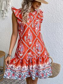 SHEIN VCAY 佩斯利絲巾圖案荷葉邊娃娃裙 - 亮橙色 - 查看 3