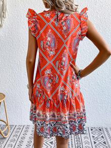 SHEIN VCAY 佩斯利絲巾圖案荷葉邊娃娃裙 - 亮橙色 - 查看 4
