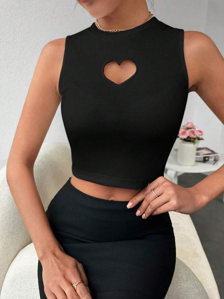 EURMUSE Heart Cut Out Crop Tank Top - Black - View 1