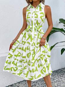 SHEIN VCAY In Toàn bộ Xù Hoa Sen Thắt lưng Váy sơ mi - màu xanh lá - Xem 4