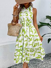SHEIN VCAY In Toàn bộ Xù Hoa Sen Thắt lưng Váy sơ mi - màu xanh lá - Xem 1