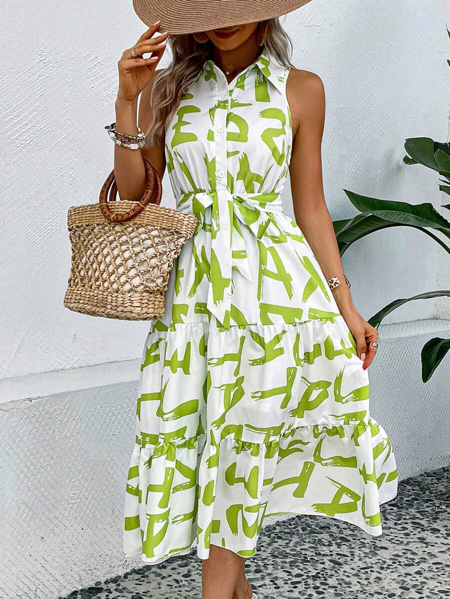 SHEIN VCAY In Toàn bộ Xù Hoa Sen Thắt lưng Váy sơ mi - màu xanh lá - Xem 1