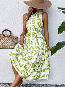 SHEIN VCAY In Toàn bộ Xù Hoa Sen Thắt lưng Váy sơ mi - màu xanh lá - Xem 6