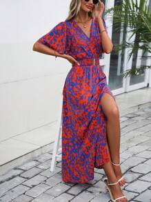 SHEIN Clasi In Toàn bộ áo tay bướm Tách đùi Đầm - Nhiều màu - Xem 6