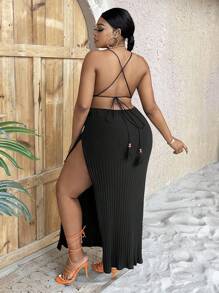 Slaydiva Đầm Plus Size Lộ Lưng Buộc lại Tách cao màu trơn Gợi cảm - màu đen - Xem 2