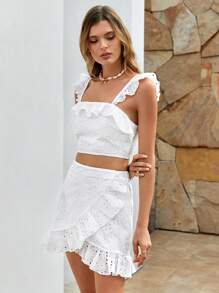 SHEIN VCAY 荷葉邊網眼刺繡短款上衣&圍裹下擺半身裙 - 白色 - 查看 4