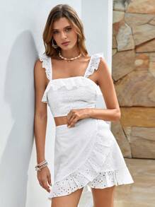 SHEIN VCAY 荷葉邊網眼刺繡短款上衣&圍裹下擺半身裙 - 白色 - 查看 5