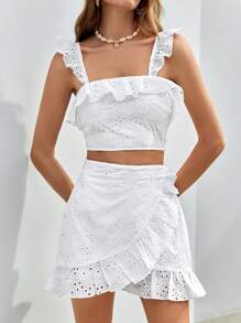 SHEIN VCAY 荷葉邊網眼刺繡短款上衣&圍裹下擺半身裙 - 白色 - 查看 1