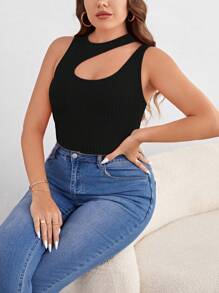 SHEIN Essnce Plus Cut Out Ribbed Knit Top - Black - View 1