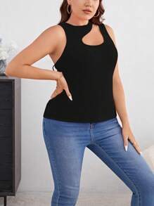 SHEIN Essnce Plus Cut Out Ribbed Knit Top - Black - View 3