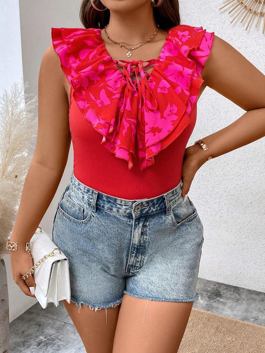 Celure Plus Floral Print Ruffle Trim Tie Neck Bodysuit - Multicolor - View 1