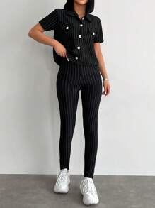 EURMUSE Striped Print Shirt & Leggings - Black - View 1
