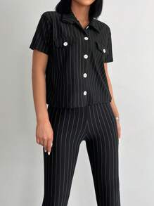 EURMUSE Striped Print Shirt & Leggings - Black - View 3