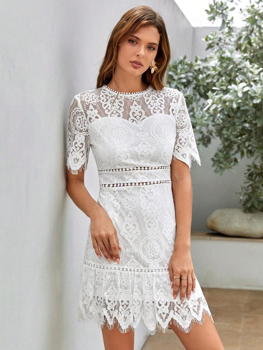 SHEIN VCAY 提花蕾絲覆蓋荷葉邊洋裝 - 白色 - 查看 1
