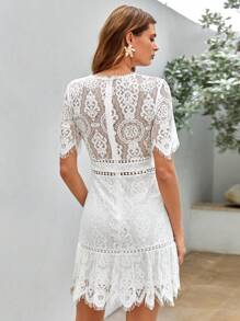 SHEIN VCAY 提花蕾絲覆蓋荷葉邊洋裝 - 白色 - 查看 2