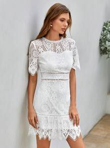SHEIN VCAY 提花蕾絲覆蓋荷葉邊洋裝 - 白色 - 查看 3