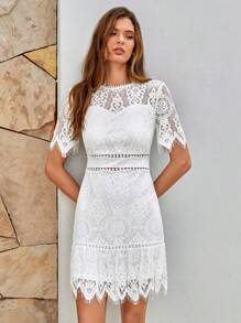 SHEIN VCAY 提花蕾絲覆蓋荷葉邊洋裝 - 白色 - 查看 4