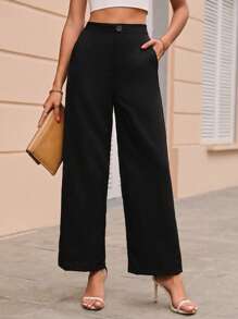 SHEIN Clasi 素色斜口袋直筒西裝褲 - 黑色 - 查看 2