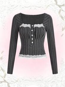 ROMWE Kawaii 休閒蕾絲拼接 羅紋針織 前紐扣 胸部褶皺純色女士T恤 - 深灰色 - 查看 1