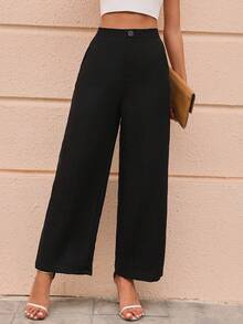 SHEIN Clasi 素色斜口袋直筒西裝褲 - 黑色 - 查看 4