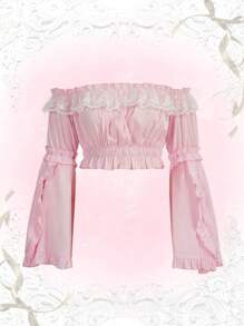 ROMWE Kawaii Blusa de hombros descubiertos ribete fruncido pecho con fruncido - Rosa - Ver 1