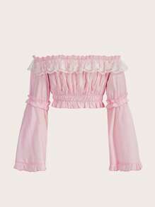 ROMWE Kawaii Blusa de hombros descubiertos ribete fruncido pecho con fruncido - Rosa - Ver 2