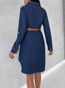 EURMUSE Roll Tab Sleeve Curved Hem Denim Dress - Dark Wash - View 2
