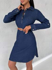 EURMUSE Roll Tab Sleeve Curved Hem Denim Dress - Dark Wash - View 3