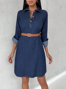 EURMUSE Roll Tab Sleeve Curved Hem Denim Dress - Dark Wash - View 4