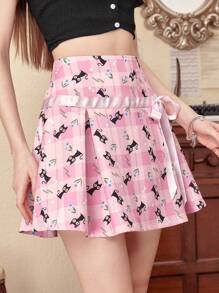 ROMWE 休閒蝴蝶結卡通 格子女士半身裙 - 淺粉色 - 查看 4