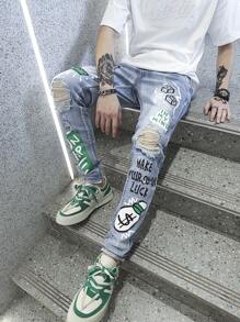 Manfinity EMRG Nam Đồ họa Khẩu hiệu Rách Frayed Quần jean - Rửa nhẹ - Xem 3
