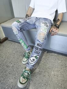 Manfinity EMRG Nam Đồ họa Khẩu hiệu Rách Frayed Quần jean - Rửa nhẹ - Xem 7