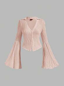 SHEIN MOD Solid Button Front Flounce Sleeve Tee - Dusty Pink - View 1