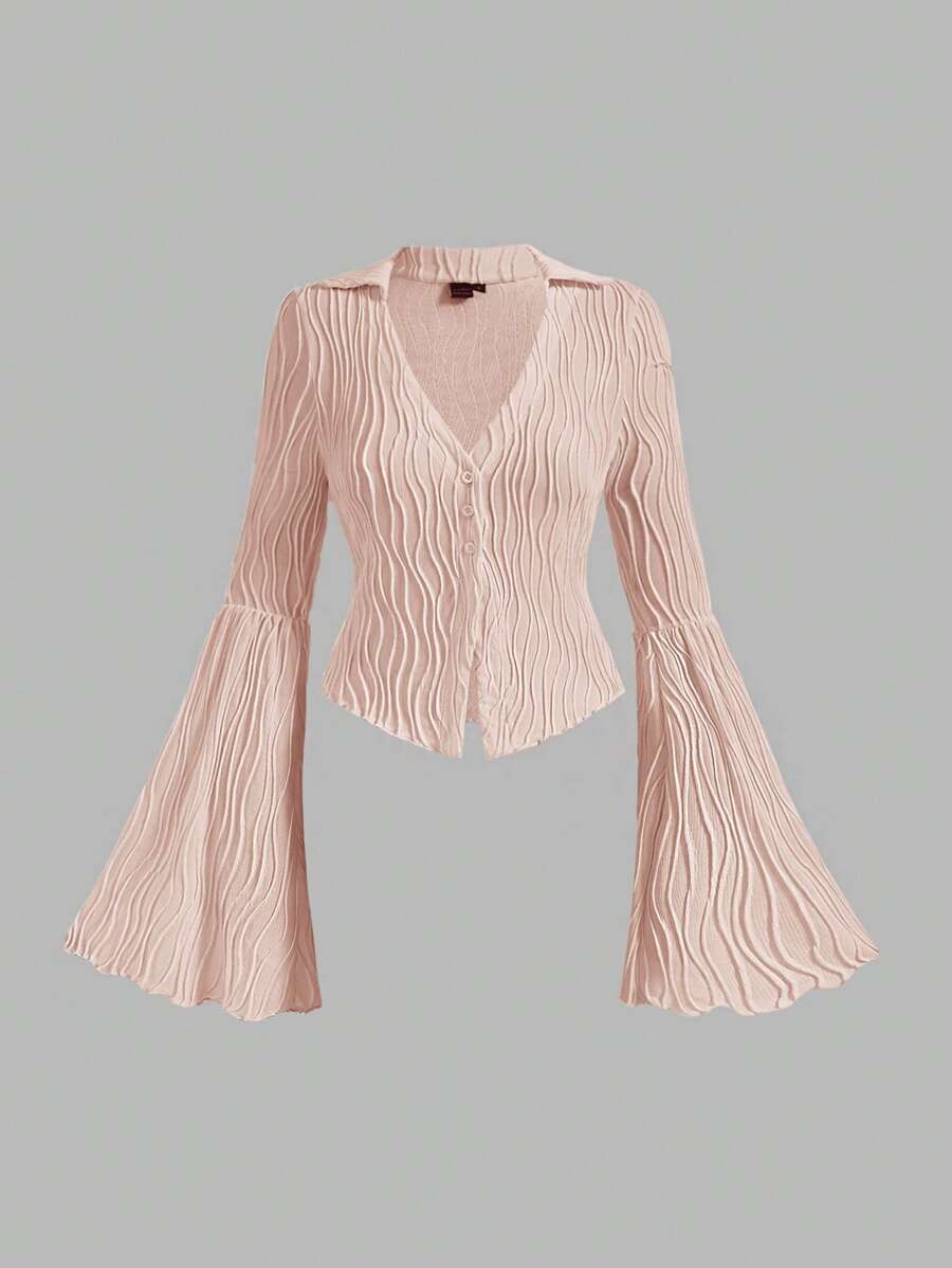 SHEIN MOD Solid Button Front Flounce Sleeve Tee - Dusty Pink - View 1