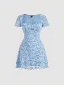 SHEIN MOD Floral Print Ruched Bust Palace Square Collar Flocking Blue Dress - Baby Blue - View 1
