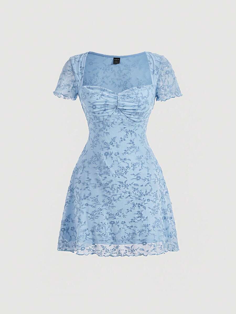 SHEIN MOD Floral Print Ruched Bust Palace Square Collar Flocking Blue Dress - Baby Blue - View 1
