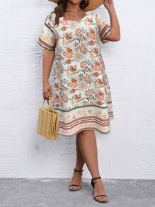 SHEIN LUNE 大碼印花直筒連衣裙 - 杏色 - 查看 1