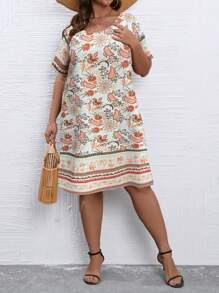 SHEIN LUNE 大碼印花直筒連衣裙 - 杏色 - 查看 3